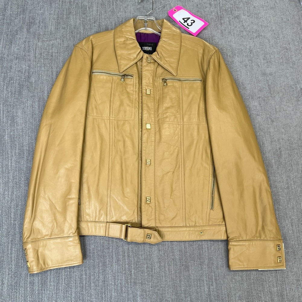 Vintage Versace Jeans Couture Leather Jacket Womens S Tan Collared Snap Front